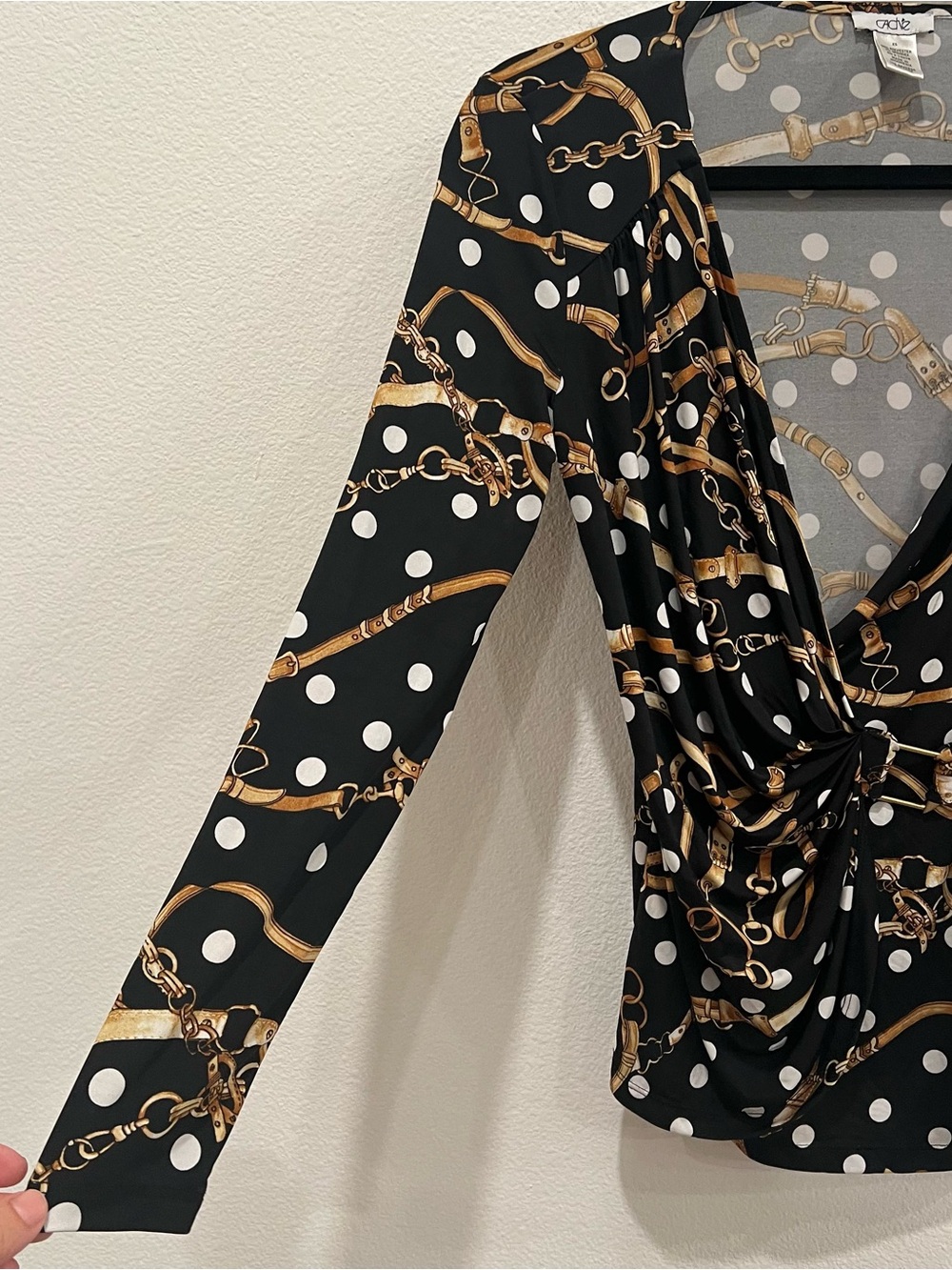 Vtg Cache women’s wrap blouse XS gold chain metallic detail polka dot mob wife - Picture 4 of 7